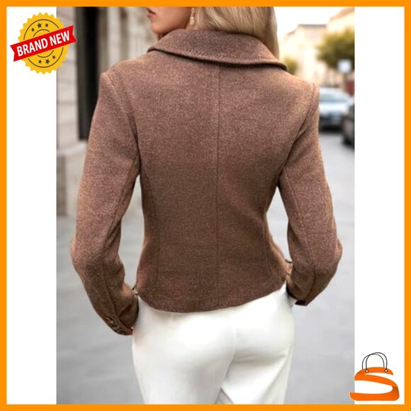 Cropped Tweed Blazer Slim Fit Office Casual Elegant Lapel Collar Jacket - Picture 5 of 7